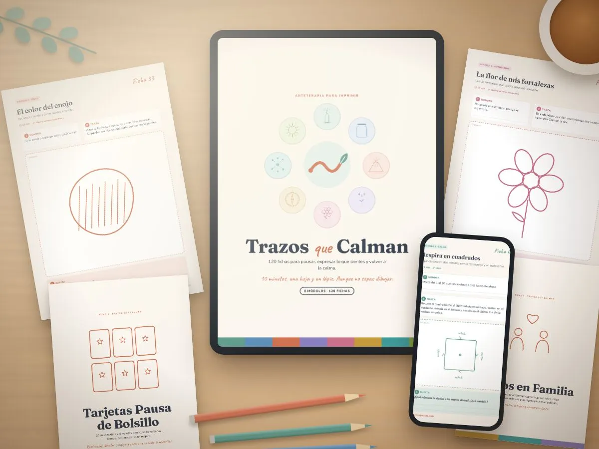 Libro Trazos que Calman en tablet, celular y fichas impresas